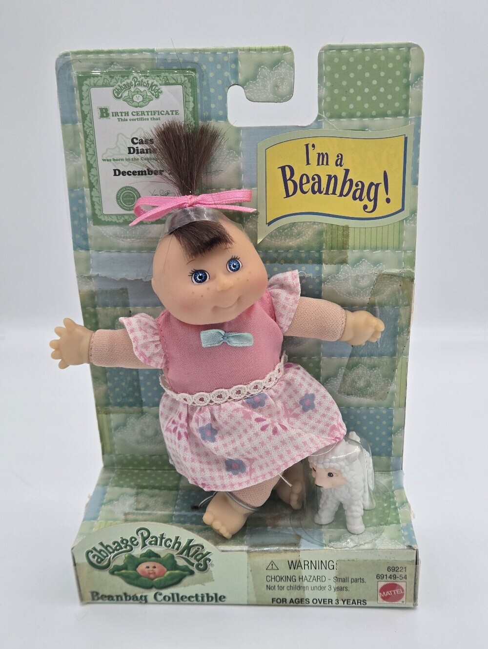 Vintage 1996 Cabbage Patch Kids BEAN BAG 4.5" Baby Cass Diane DOB Dec 24